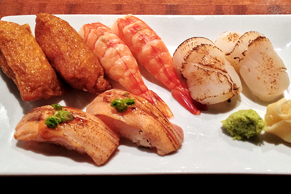 Seared salmon belly, scallops, shrimp, and inari